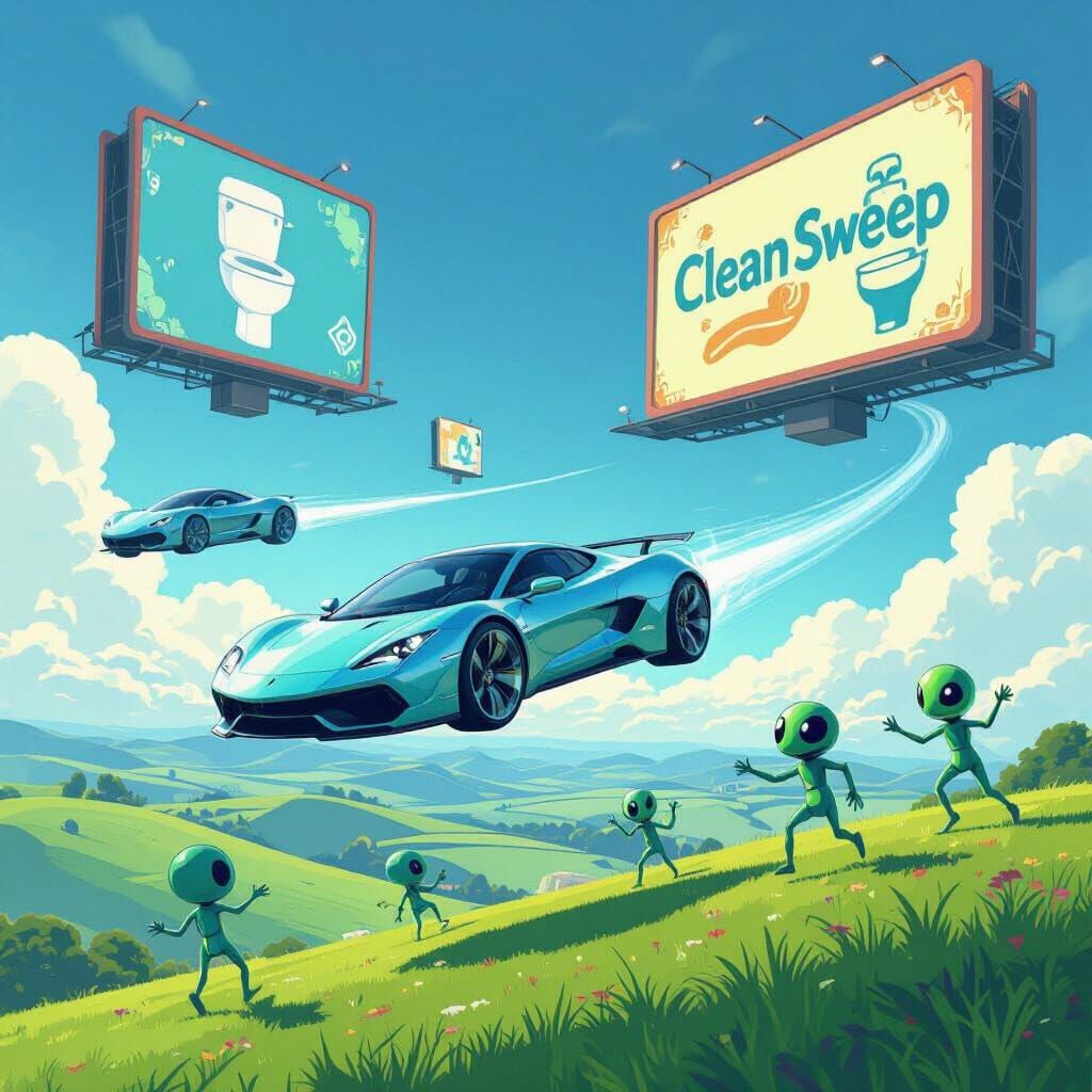 Glass Cars Soar Over Alien Planet with Dancing Figures