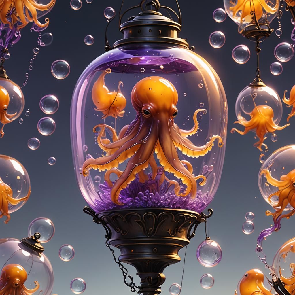 Glass Octopus in Lantern, Dark Fantasy Concept Art