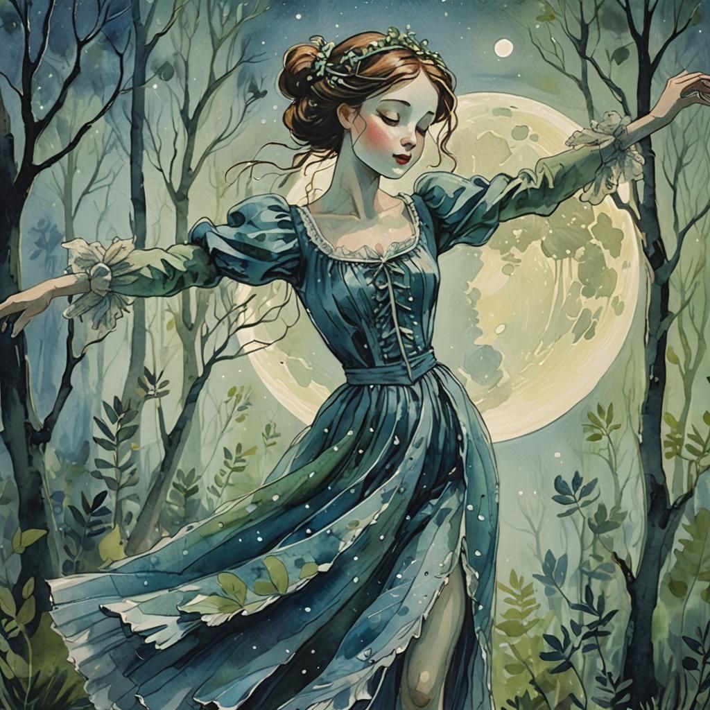 Dancing Doll in Misty Forest: Impressionist Gouache Print