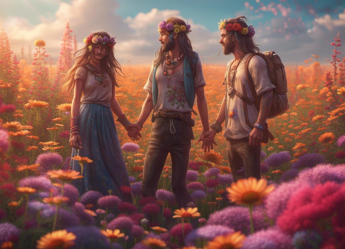 Hippy Couple in Flower Field: Detailed Matte Painting