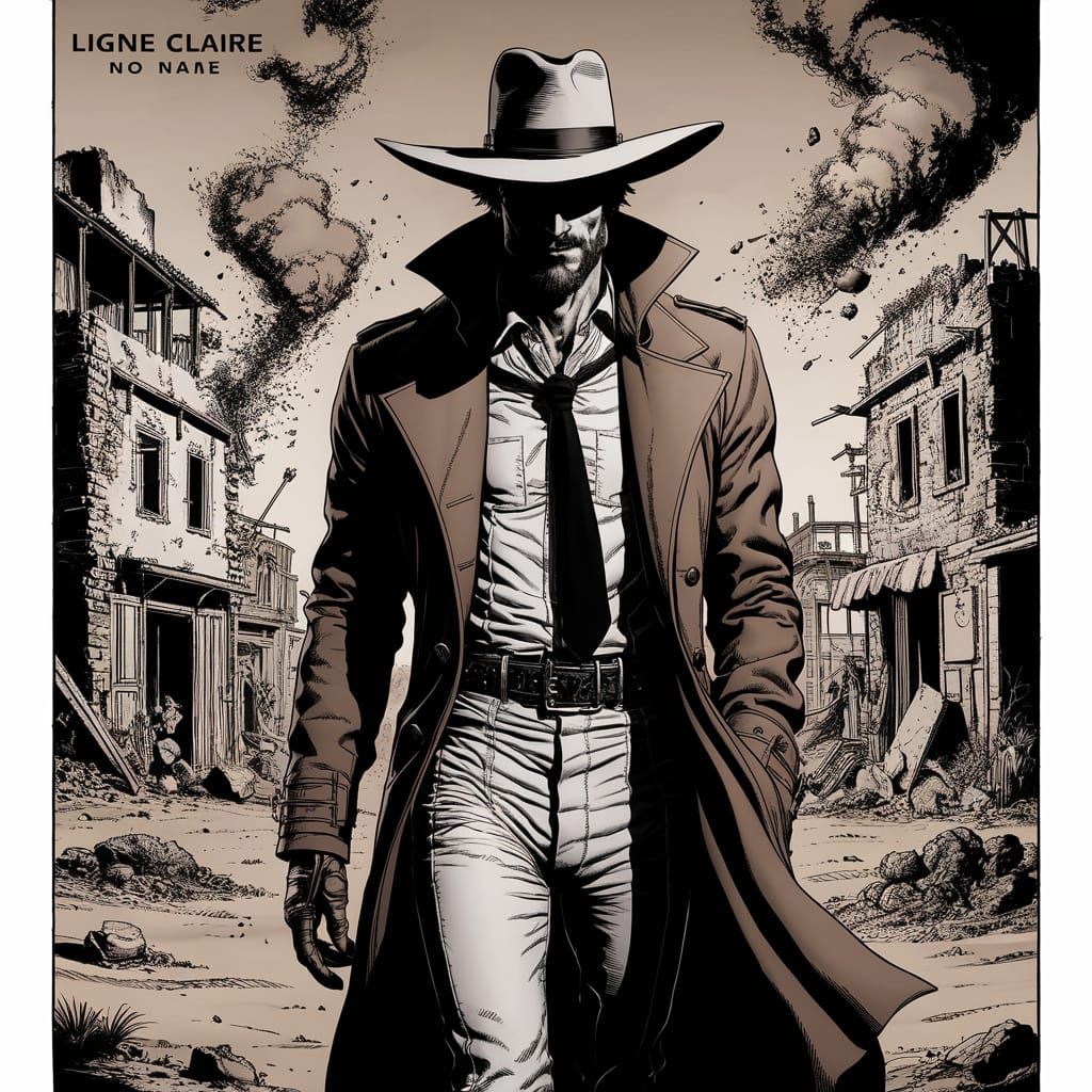 Ligne Claire Comic: Man in Ruined Desert Town