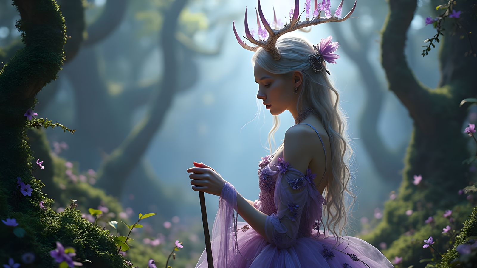 Ethereal Forest Goddess in Crystal Antlers