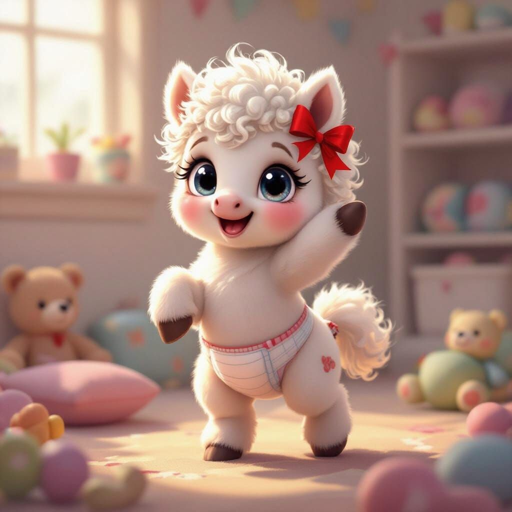 Cute Fluffy Pony Foal Dancing in Nursery