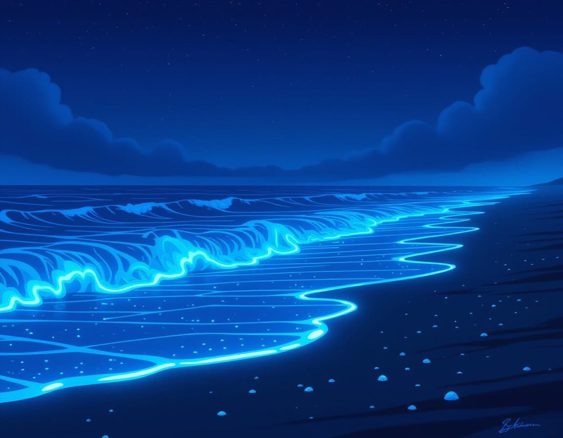 Bioluminescent Waves at Night: Ethereal Seascape