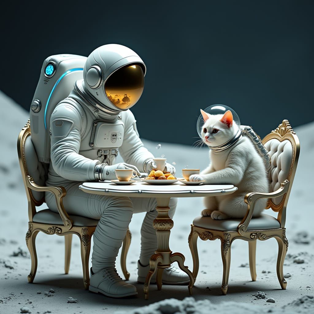 Astronaut Sips Tea with Feline Friend on the Moon