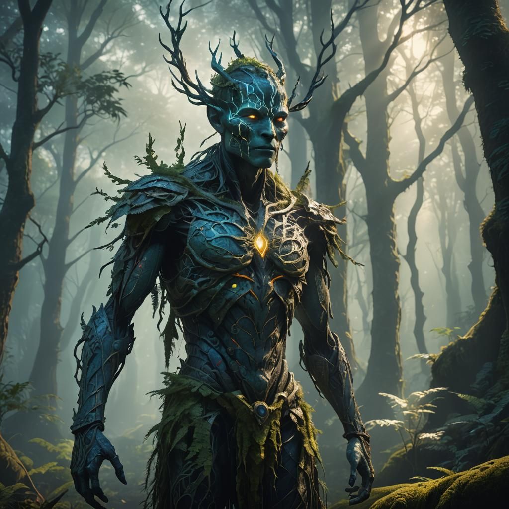 Mystical Forest Spirit with Glowing Runes in Art Nouveau Sty...