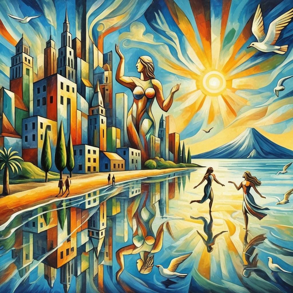 Emerging City from the Sea in Vibrant Cubist Style