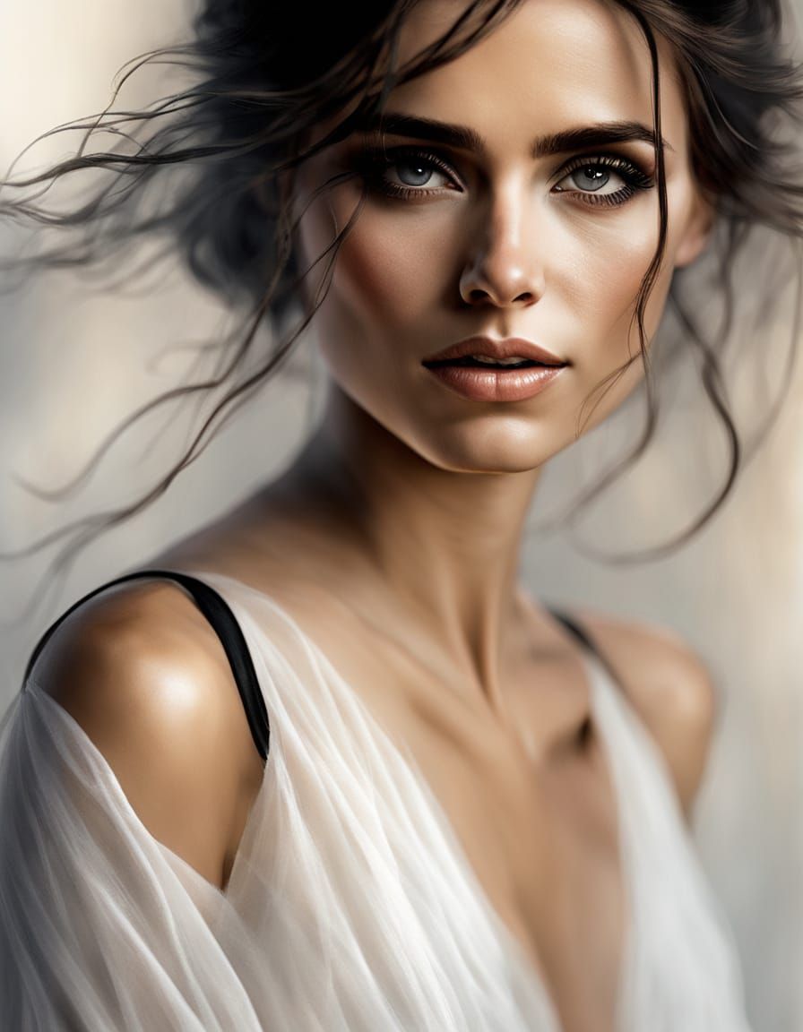Woman in White Dress: Hyperrealistic Digital Painting