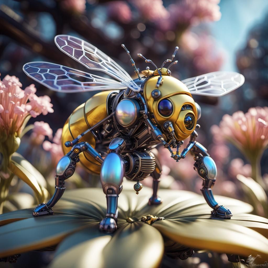 Miniature Bee-Like Mech Drone Pollinating Flower