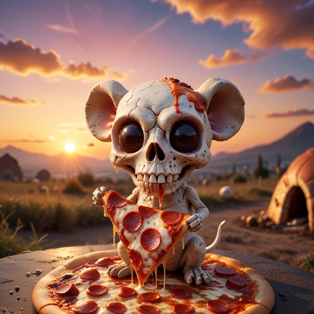 Skull Pizza with Mouse in Melting Landscape