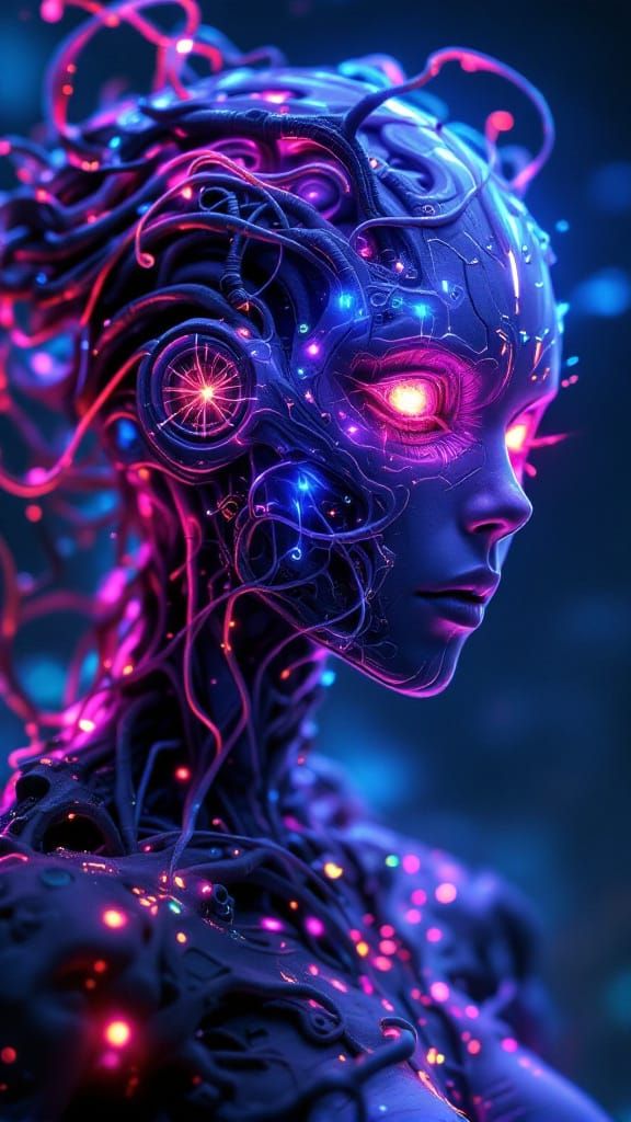 Beksinski-Inspired Biometric Imagineer with Neon Bioluminesc...