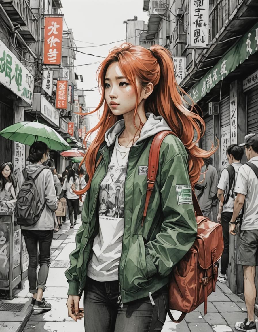 Anime-Influenced Sketch of Woman in City Market