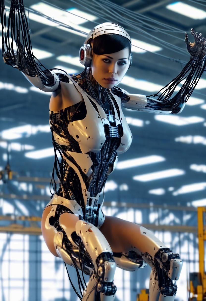 Cyborg Under Construction in Futuristic Factory