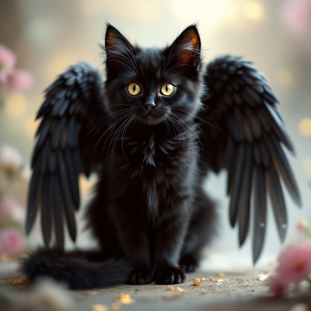 Hyper-Realistic Majestic Black Cat with Elegant Wings in Mys...