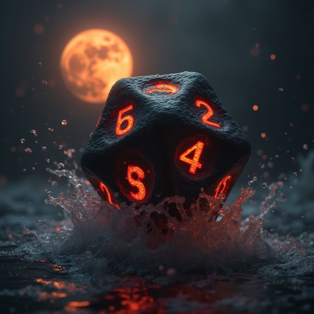 Molten Dice Tumble on Midnight Wave in Dark Gothic Style