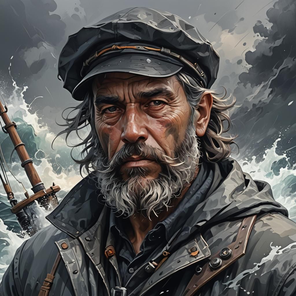 Abstract Fisherman Portrait in Black and Grey