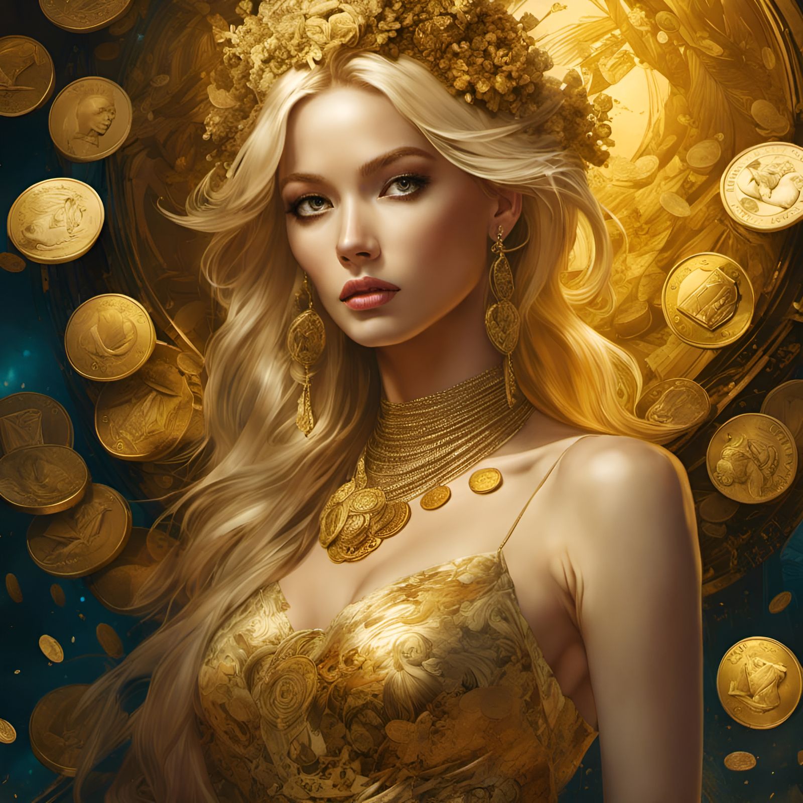 Golden Woman Portrait with Coins in Detailed Style
