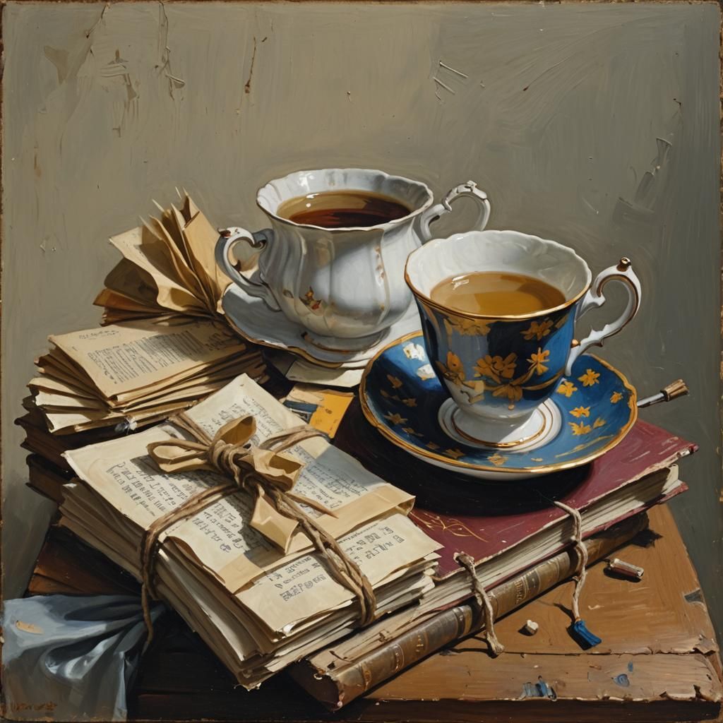 Vermeer-esque Still Life with Old Books and Teacup