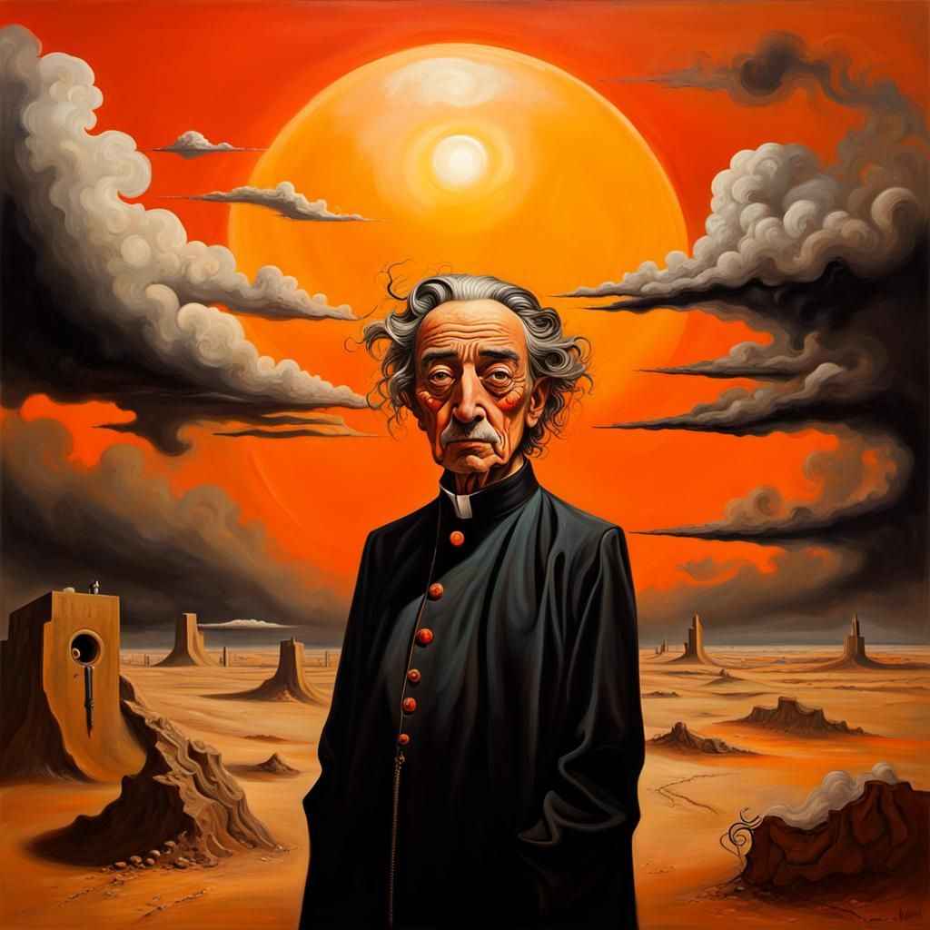 Surreal Desert Scene: Scarred Man in Oil on Canvas