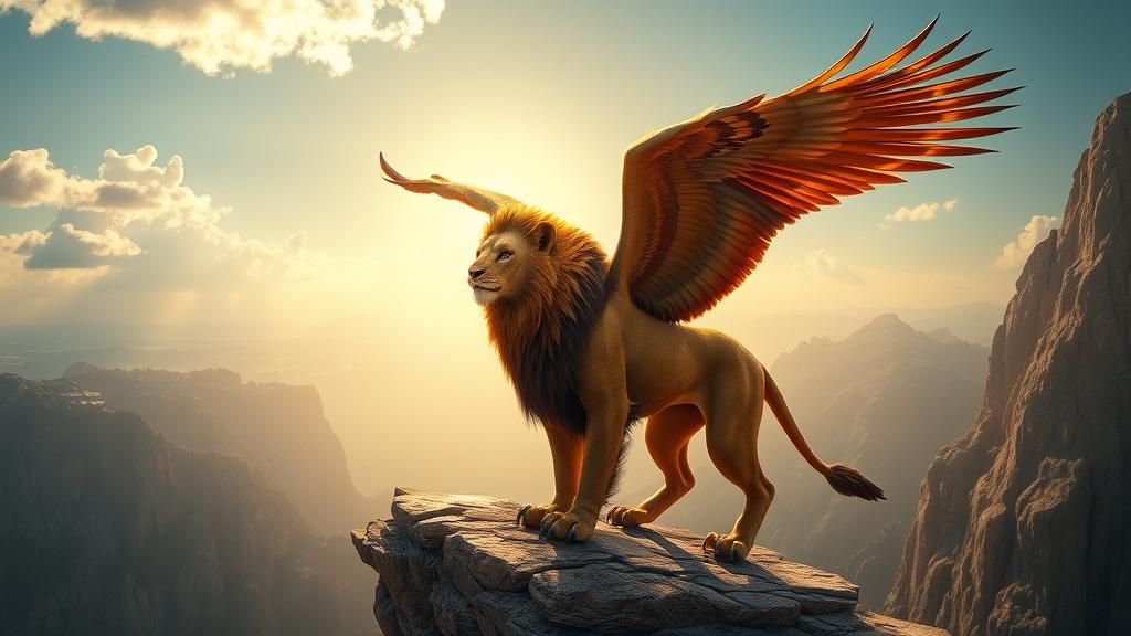 Golden Lion-Eagle Hybrid on Windswept Cliff