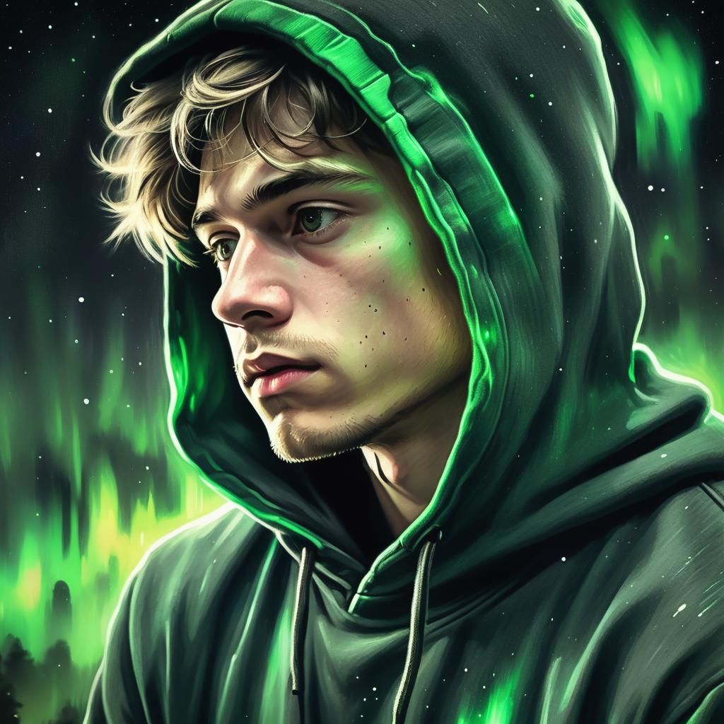 Man Paints Green Aurora: Charcoal Art Portrait