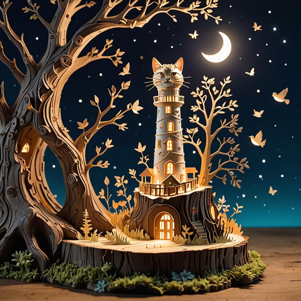 Fantasy Lighthouse Pop-Up Book with Cat