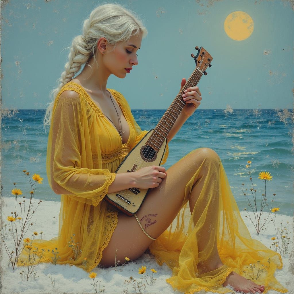 Scandinavian Woman Playing Kantele in Postmodern Style