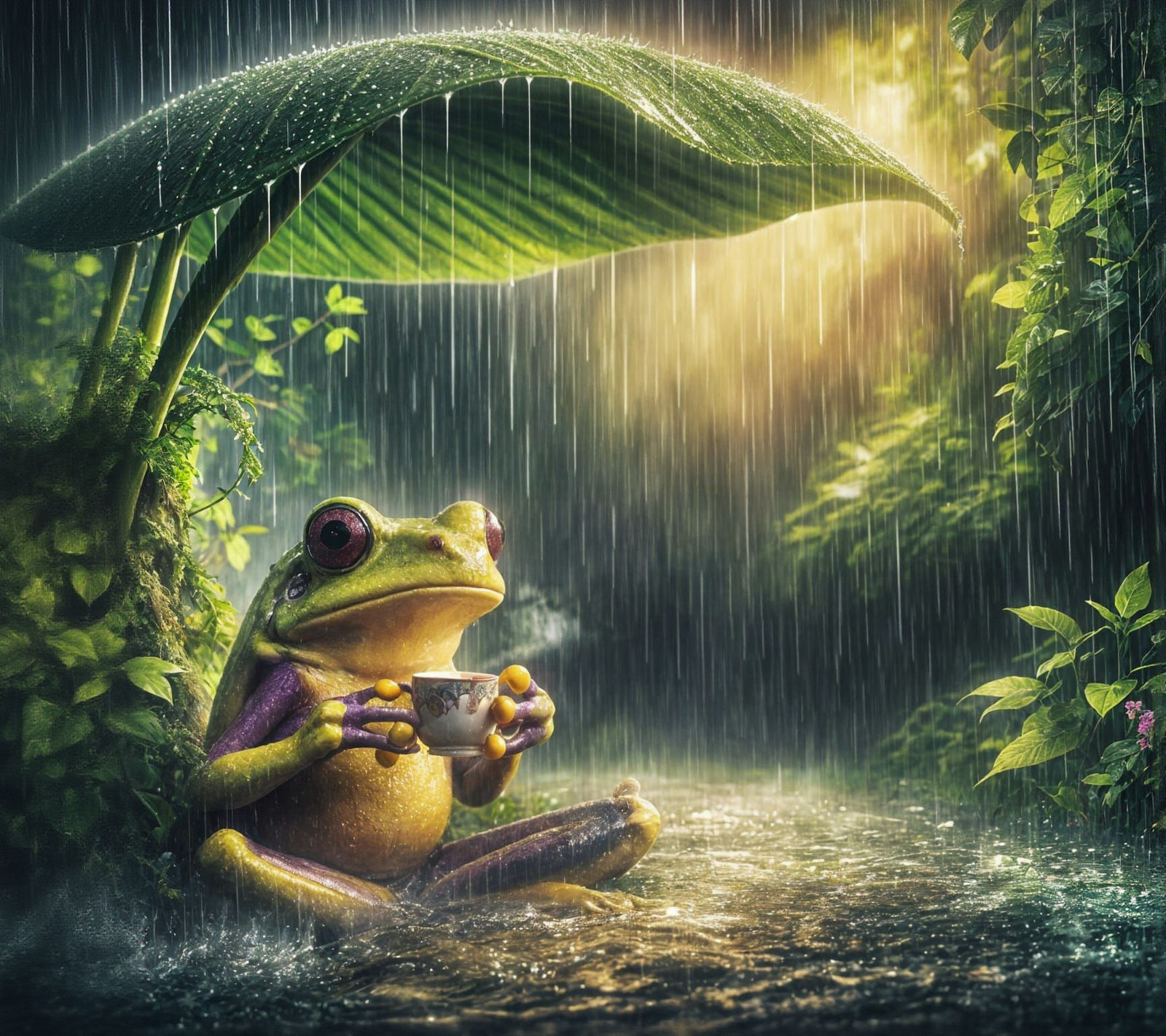 Frog Sipping Tea in Rainy Jungle, Watercolor Style