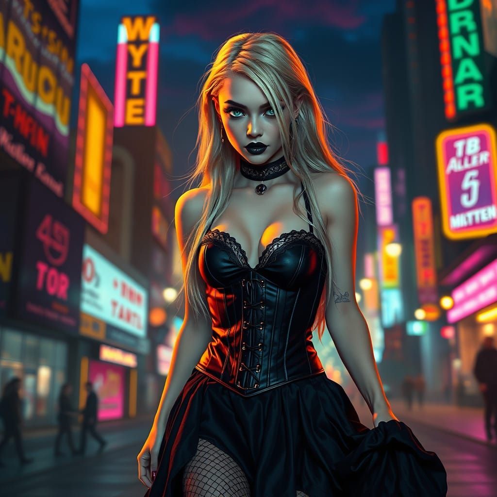 Gothic Romantic Cyberpunk Beauty Illuminated at Night