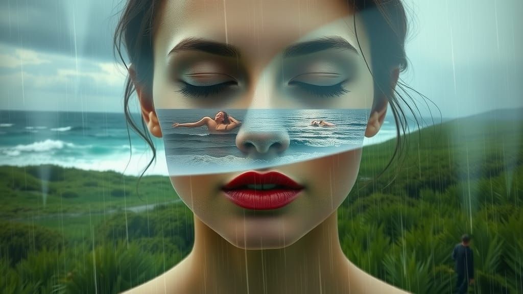 Surreal Double Exposure Portrait of Woman with Stormy Ocean ...
