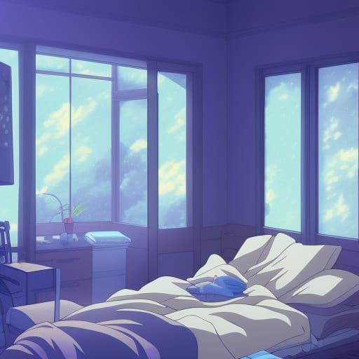 Anime Bedroom with Blue Lighting in Ghibli Style