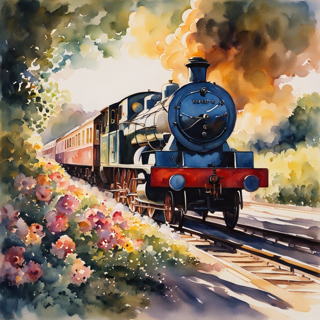 Impressionist Watercolour of Steam Train at Station
