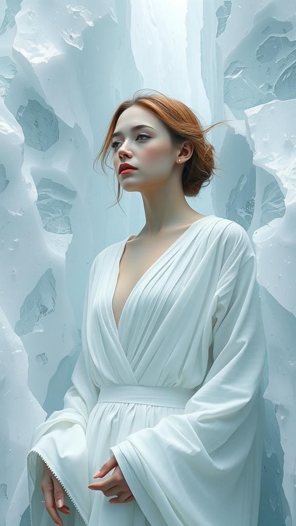 Ethereal Woman Emerging from Glacier in Matte Painting