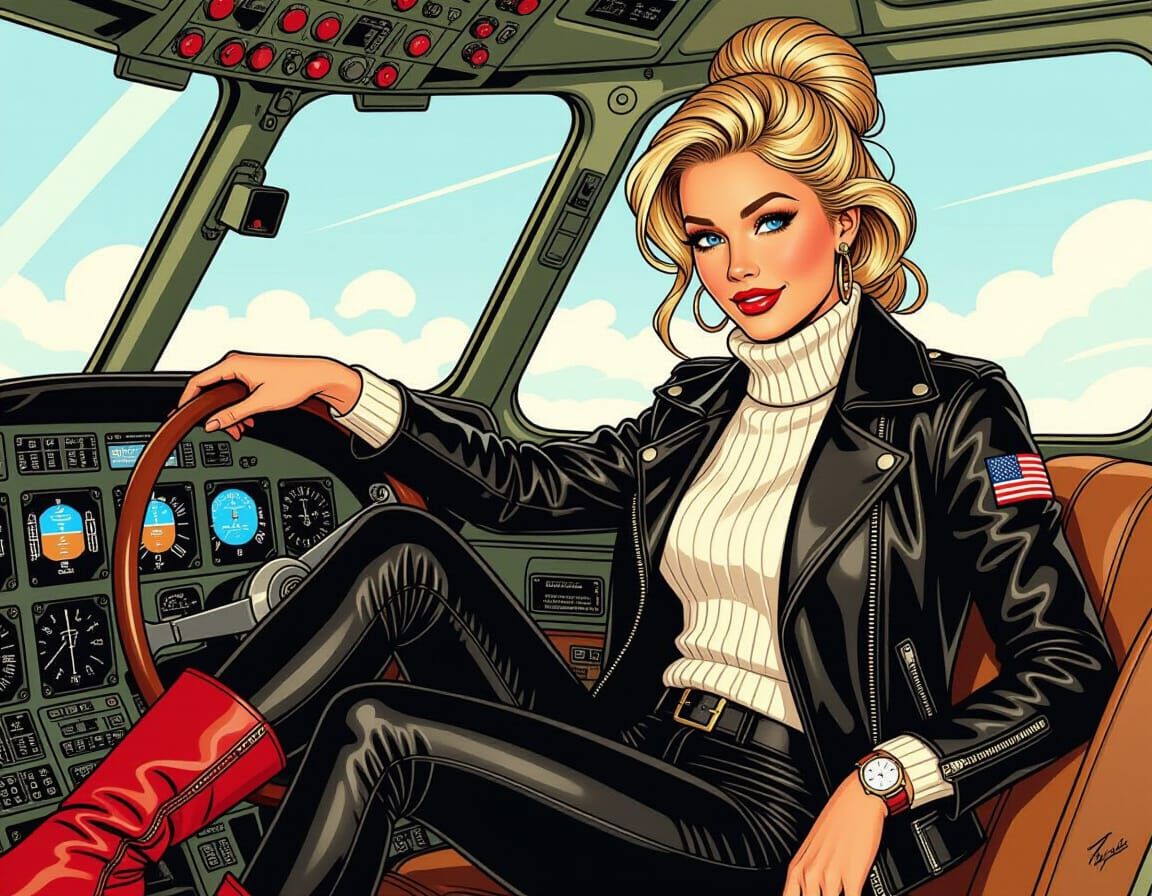 Glamorous Pilot in Vintage Cockpit, Comic Book Illustration