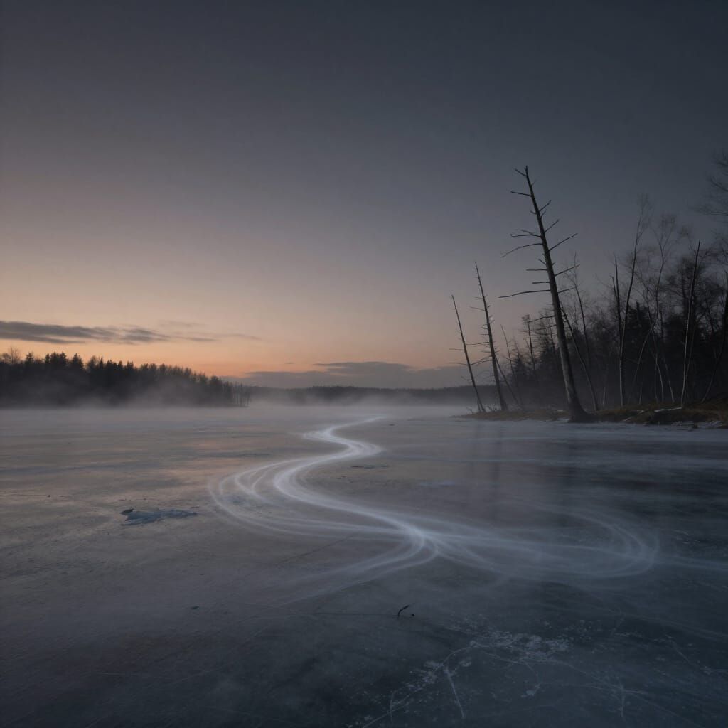 Desolate Frozen Lake at Twilight with Ethereal Fog