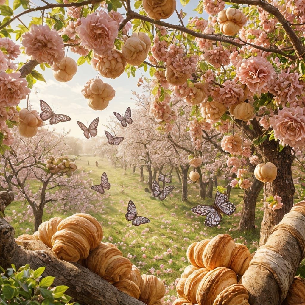 Magical Orchard of Pastries and Cakes in Golden Light