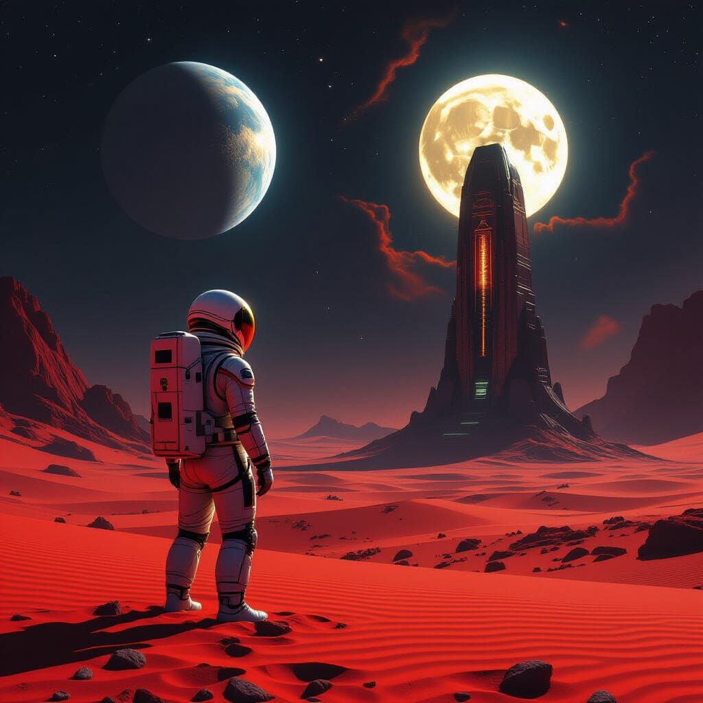 Astronaut Gazes at Pulsing Alien Artifact on Crimson Planet