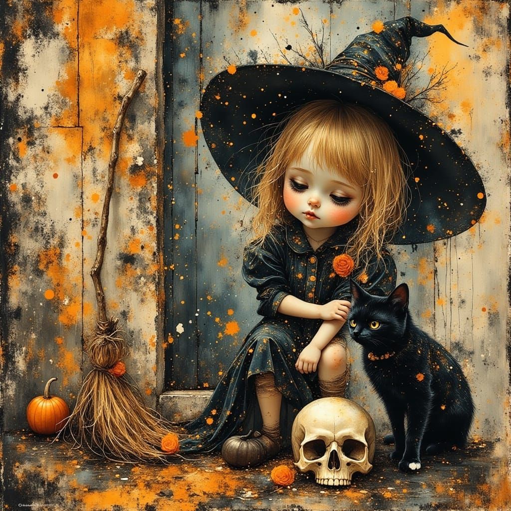 Glitch Art Witch with Cat and Skull
