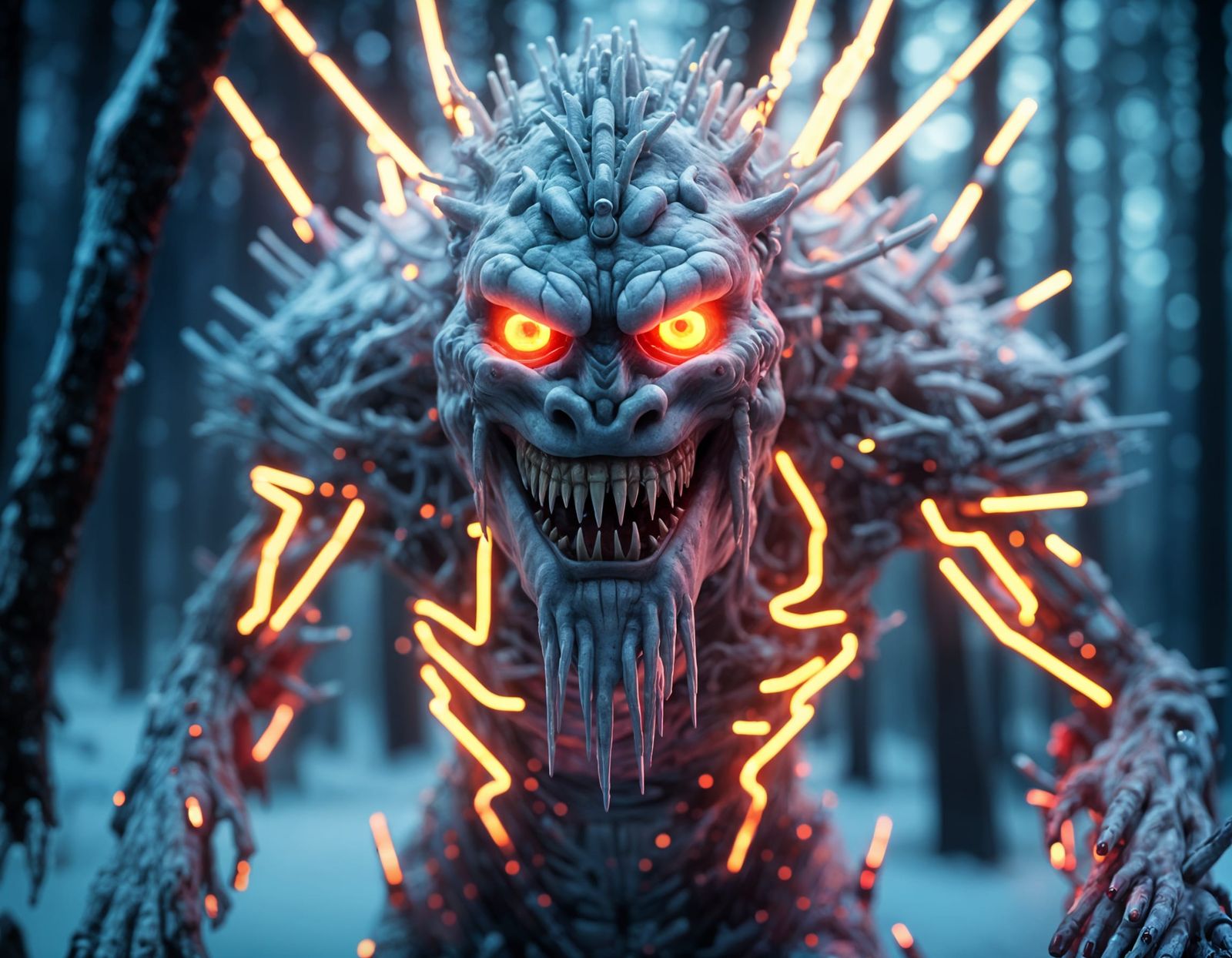 Terrifying Cyberpunk Snow Monster in Dystopian Blizzard