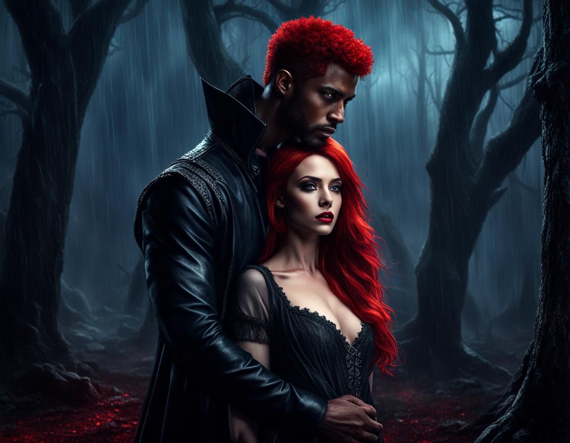 Redhead and Black Vampire in Rainy Forest