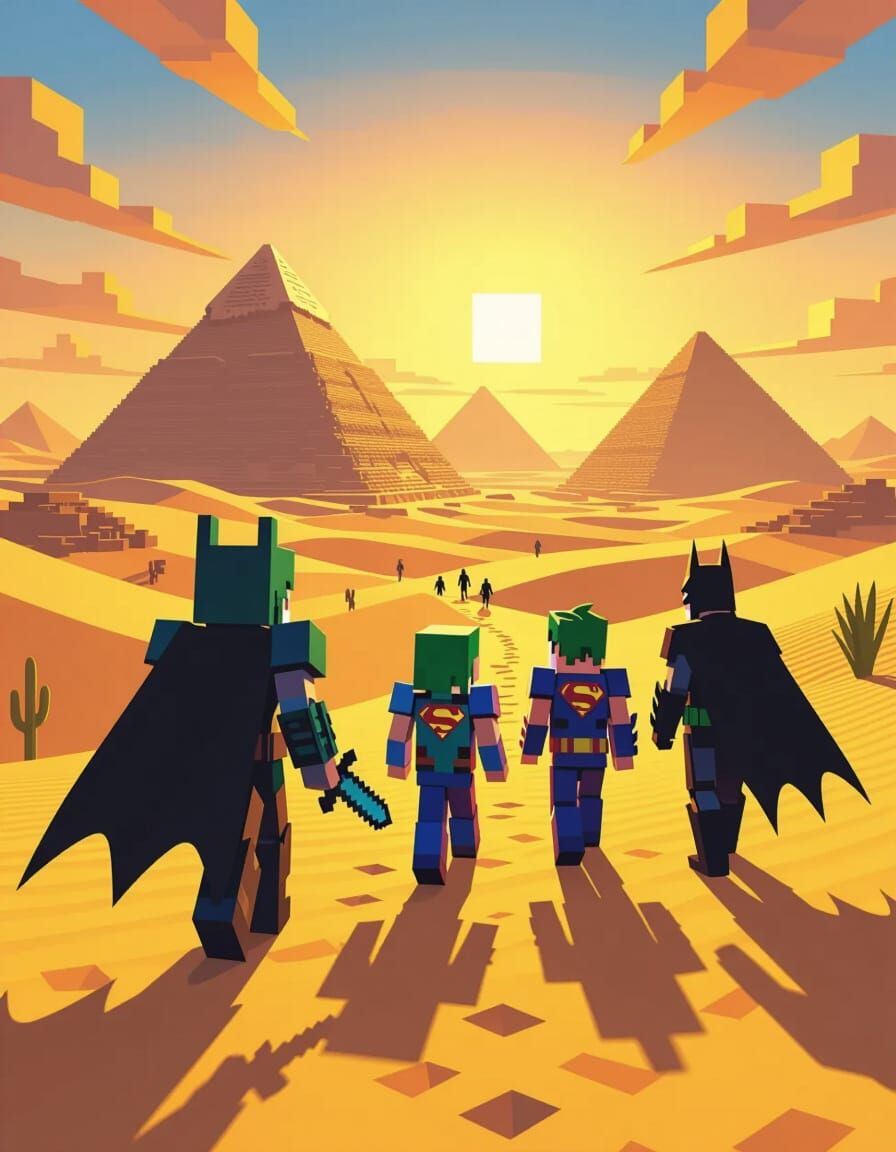 Minecraft, Batman, Superman, Joker in Egyptian Desert Concep...