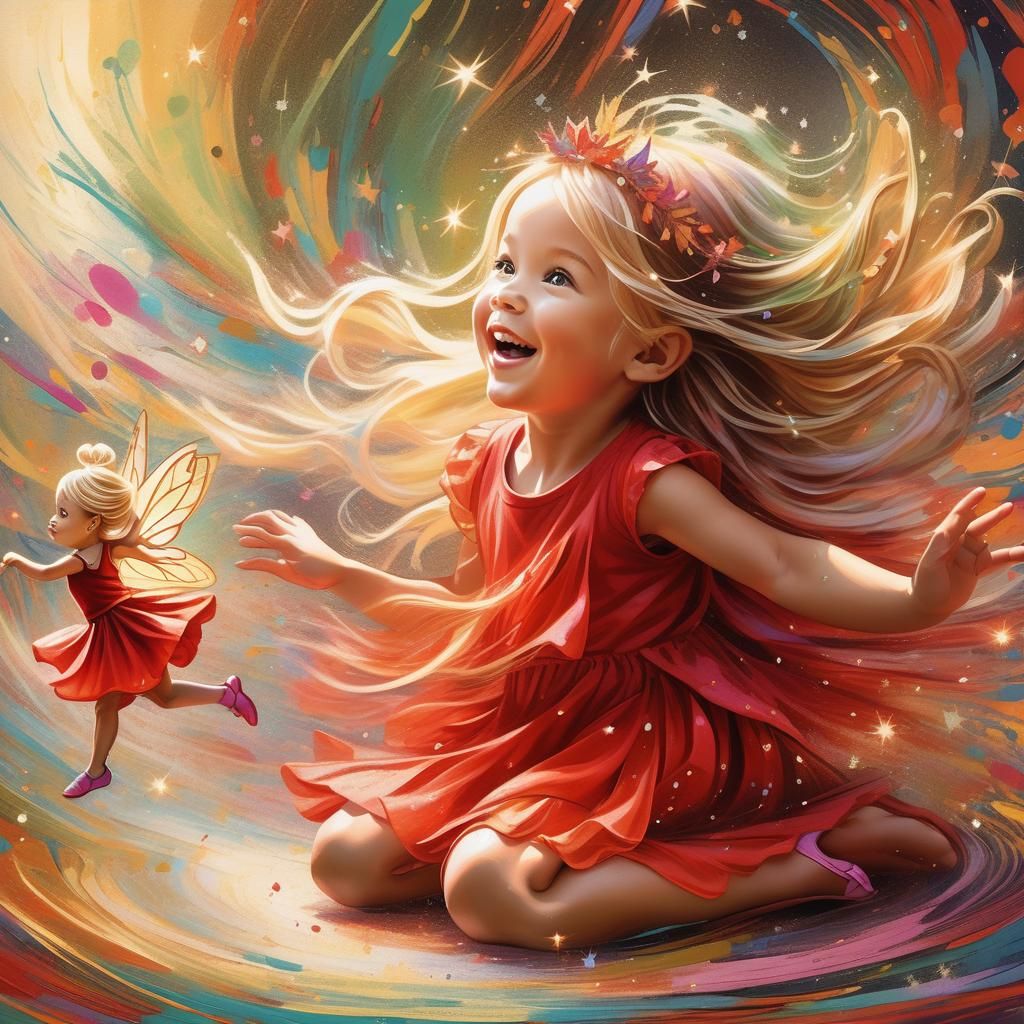 Vibrant Pop Art Toddler and Fairy Dance in Whimsical Wonderl...