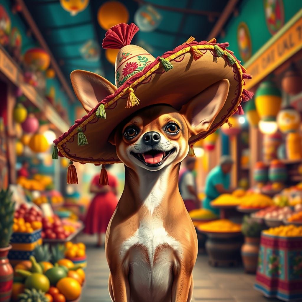 Chihuahua in Sombrero in Mexican Marketplace: Matte Painting