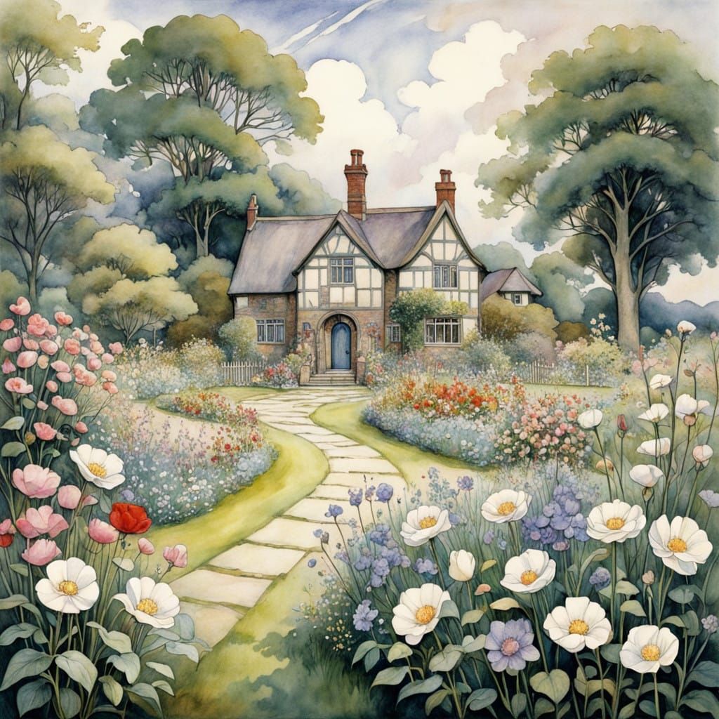 Vibrant Park Landscape with Checkerboard Flowerbeds in Water...