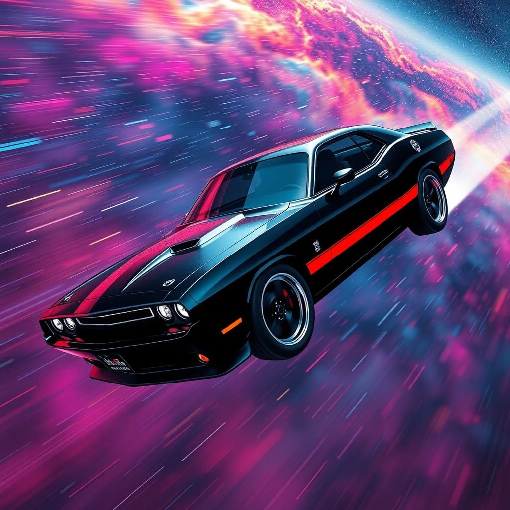 Sleek Dodge Challenger Blurs Through Cosmic Nebula