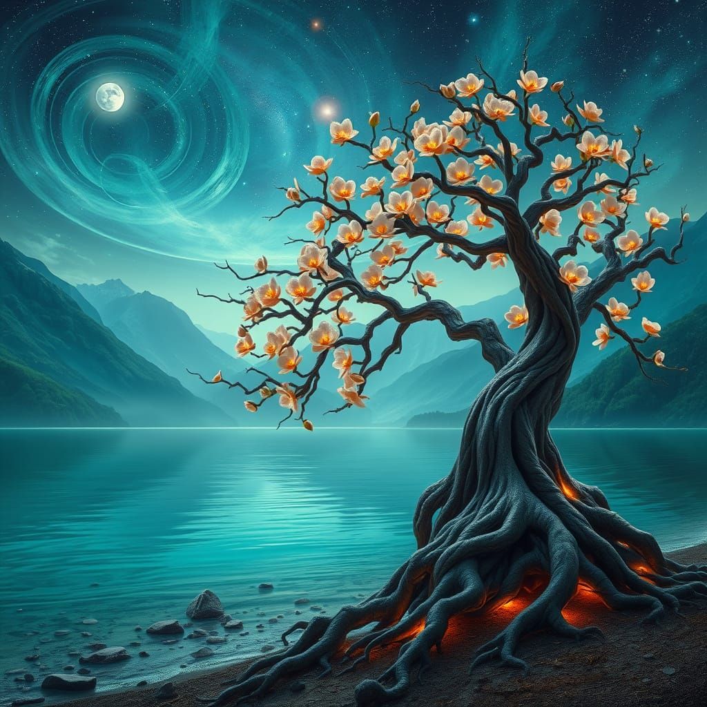 Ancient Tree with Luminous Roots by Turquoise Lake