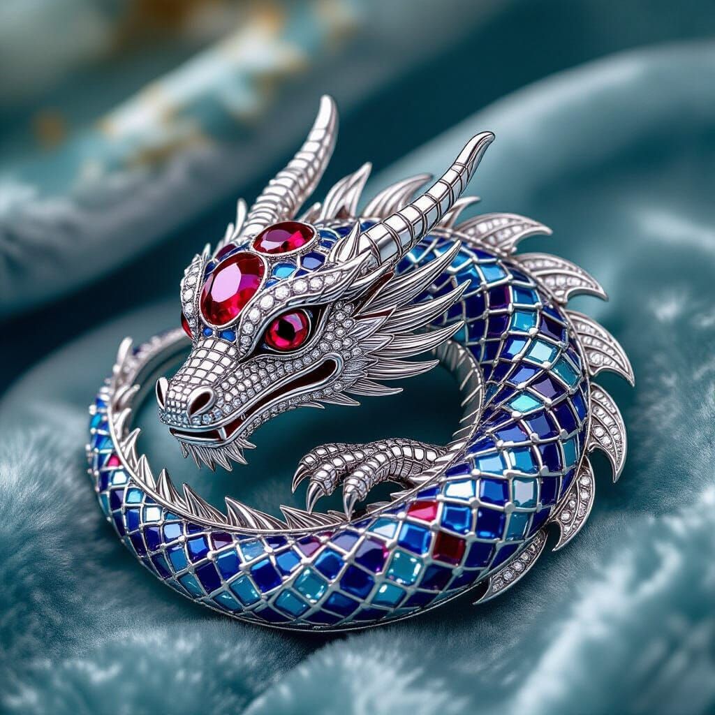 Silver Dragon Brooch with Ruby Eyes