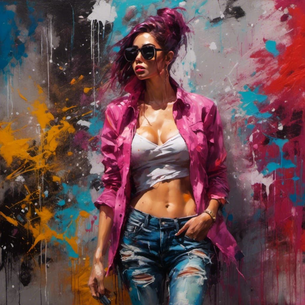 A beautiful woman, dressed in jeans, shirt open, crop top. S...