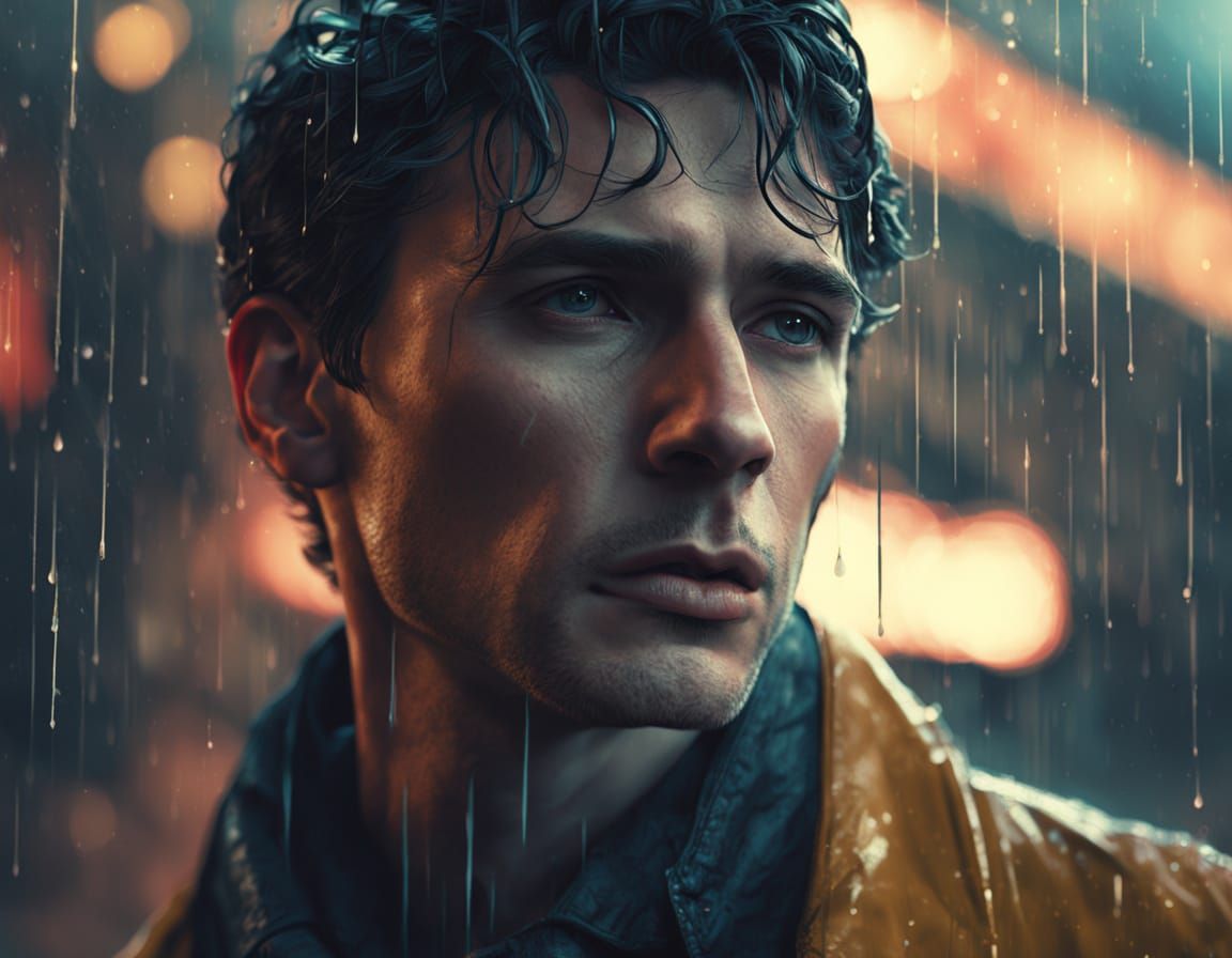 Thoughtful Man in Cyber-Noir Cityscape at Dusk