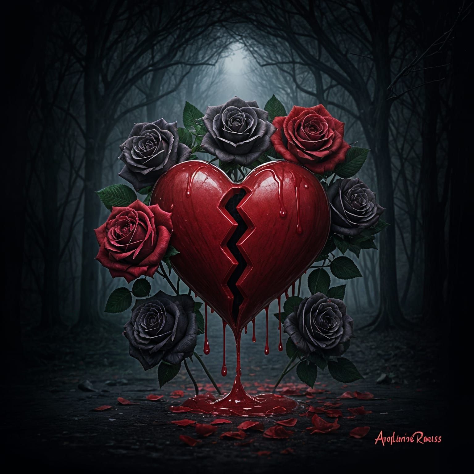 Broken Heart Dripping Blood Amidst Roses